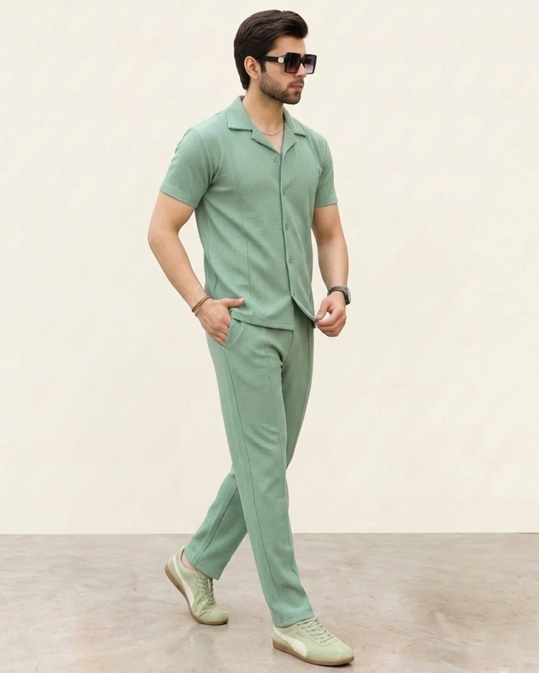 Light Green Half-Sleeve Safari Suit for Men B9 - Image 3