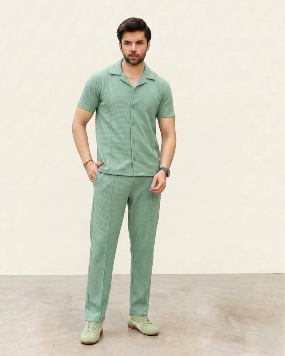 Light Green Half-Sleeve Safari Suit for Men B9 - Image 4