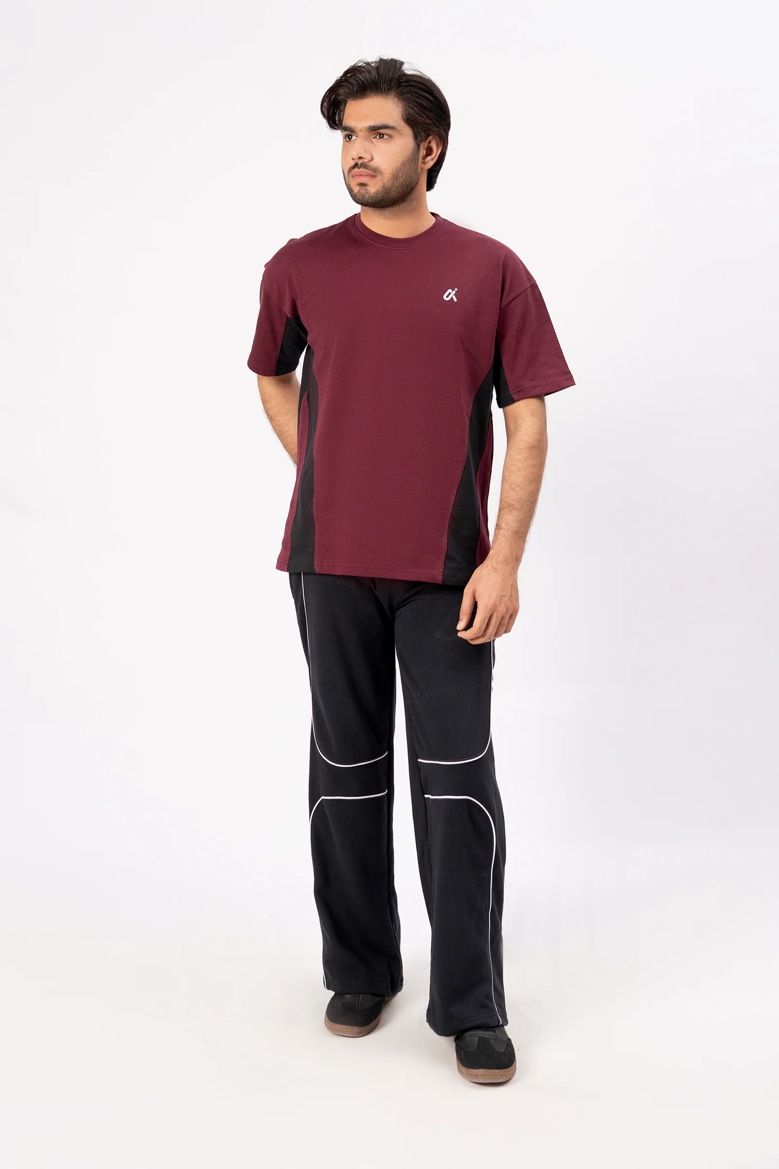 Contrast Panel Performance T-Shirt – Maroon & Black T3 - Image 4