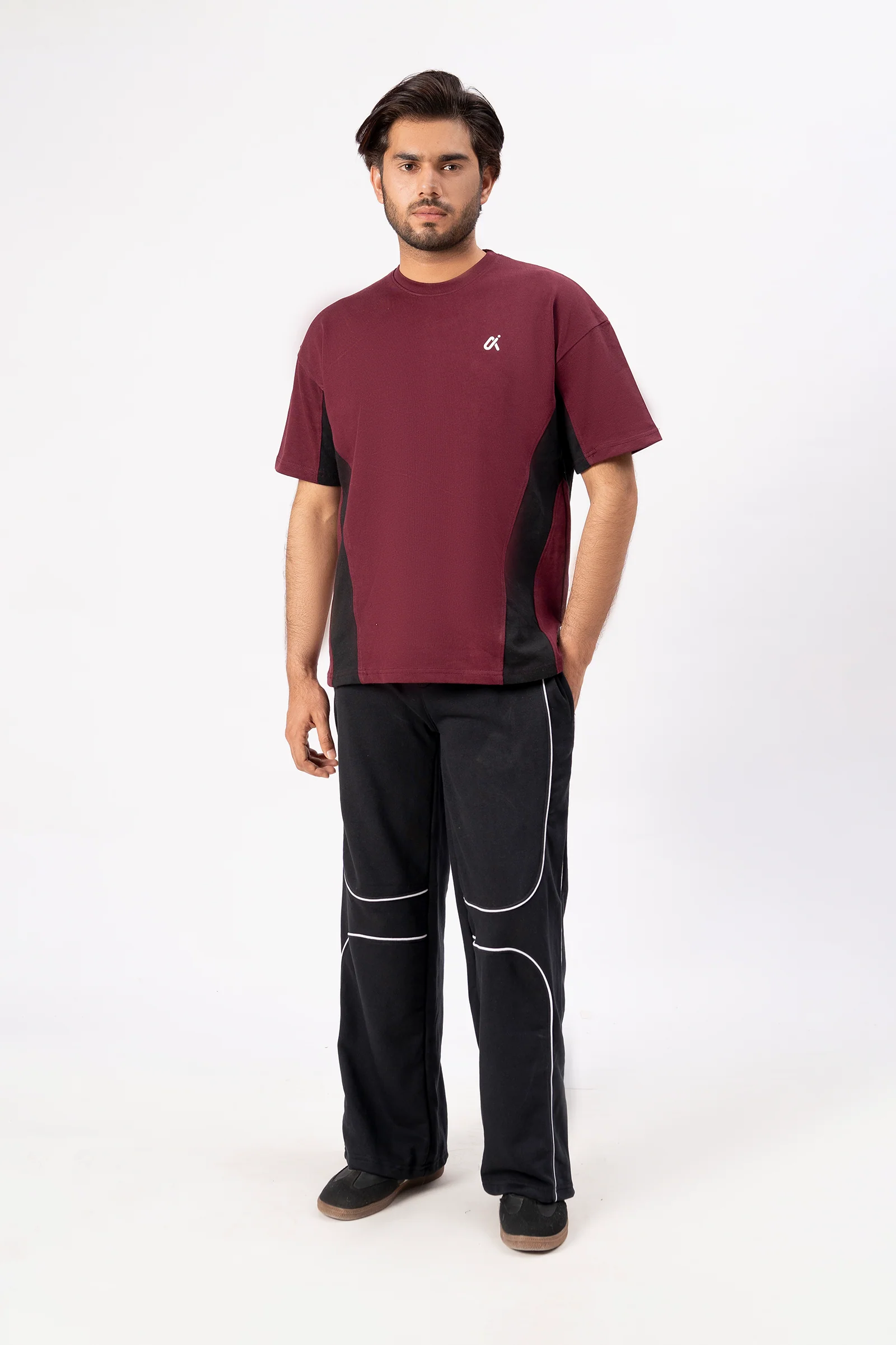 Contrast Panel Performance T-Shirt – Maroon & Black T3 - Image 5