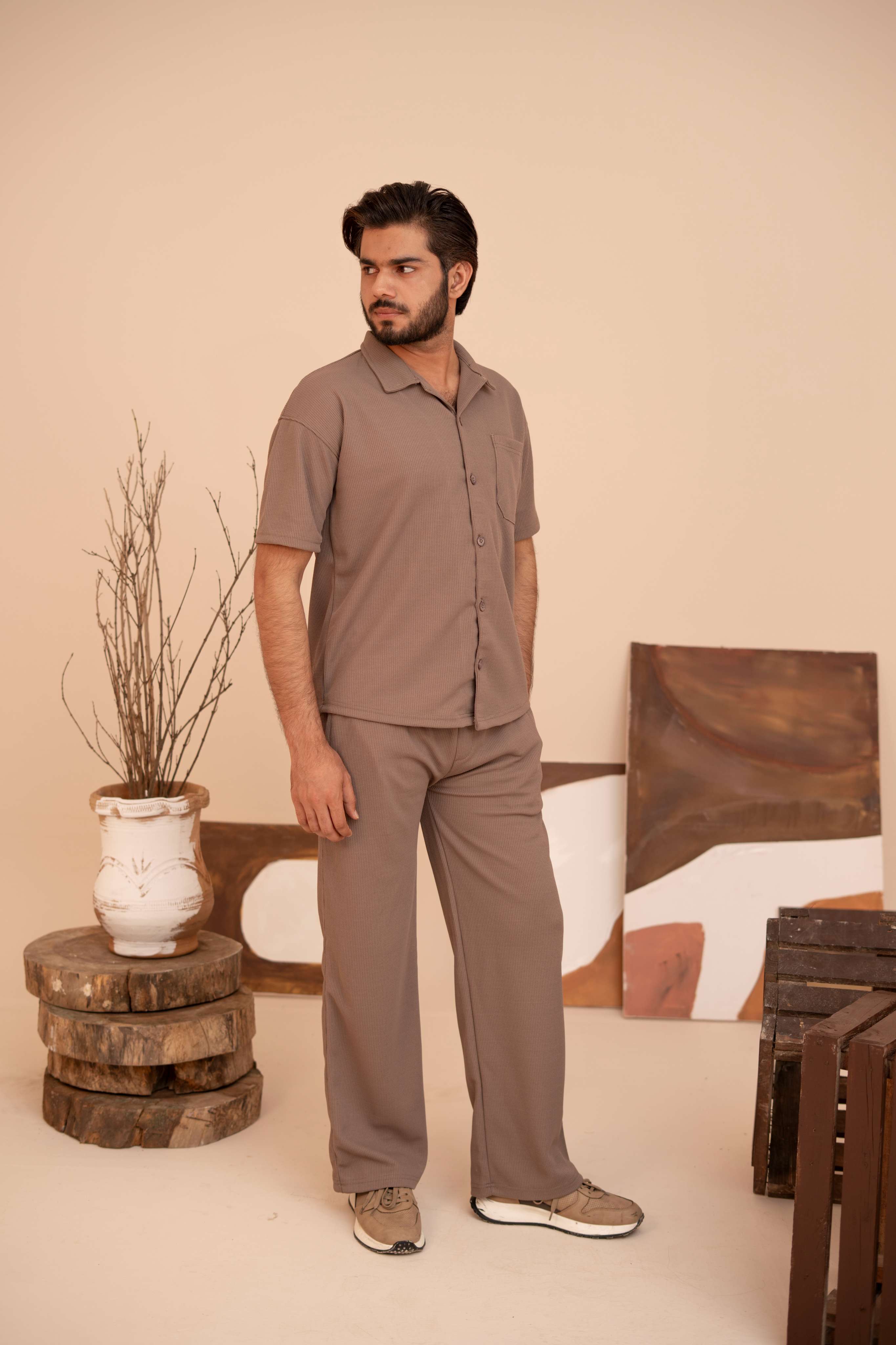 Waffle Chocolate Half-Sleeve Safari Suit for Men B8 - Image 4