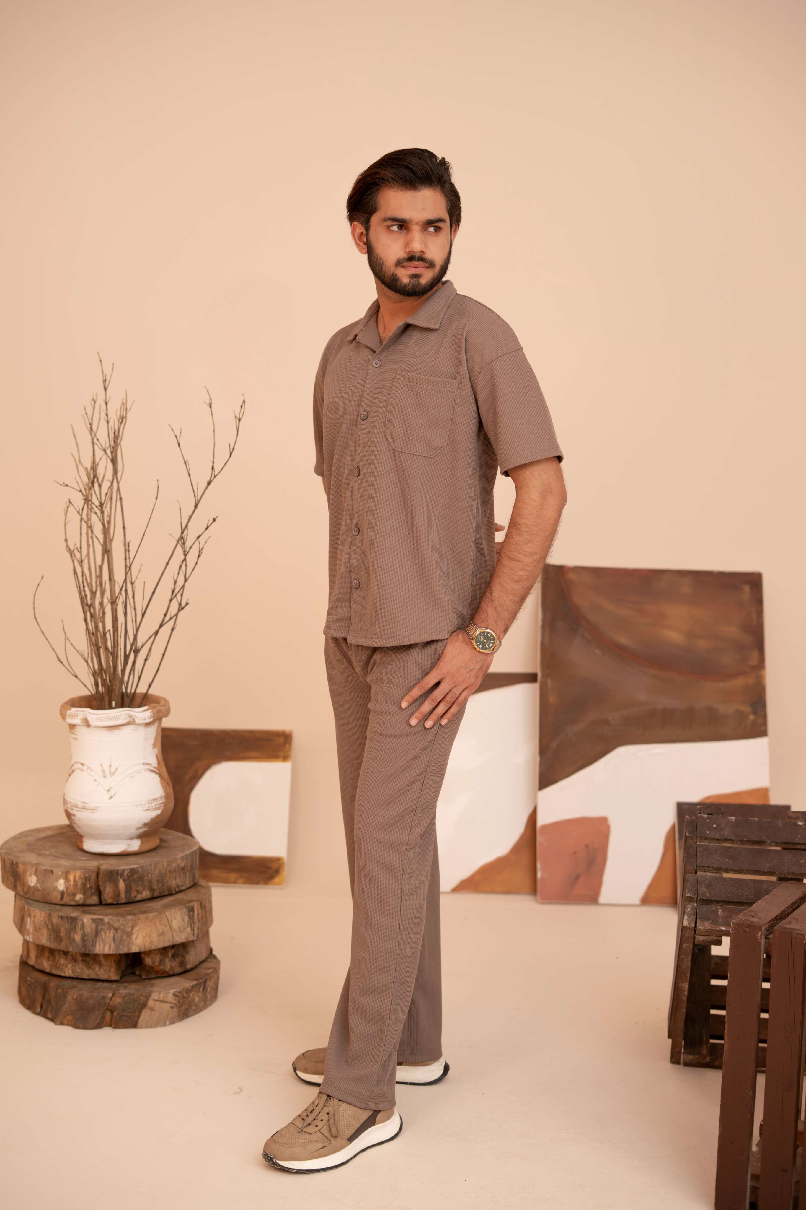 Waffle Chocolate Half-Sleeve Safari Suit for Men B8 - Image 5
