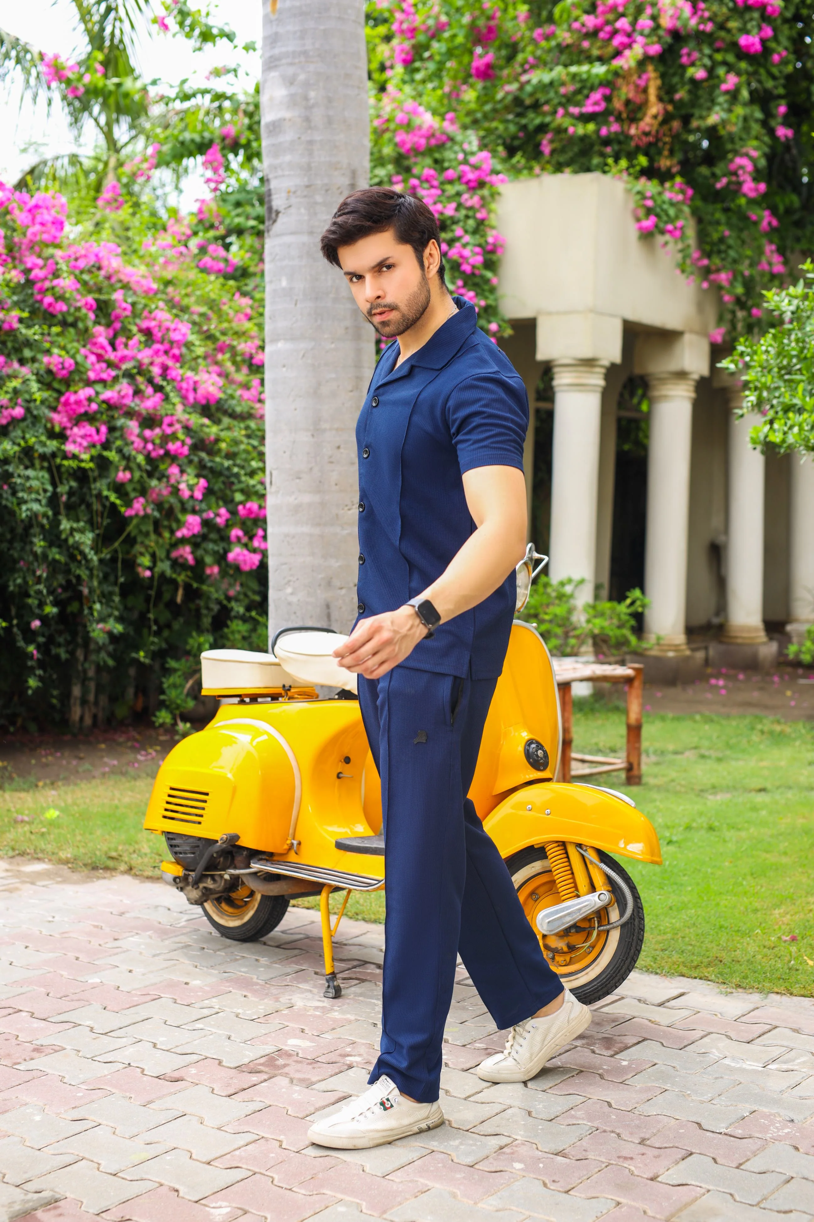 Waffle Navy Blue Half-Sleeve Safari Suit for Men B3 - Image 3
