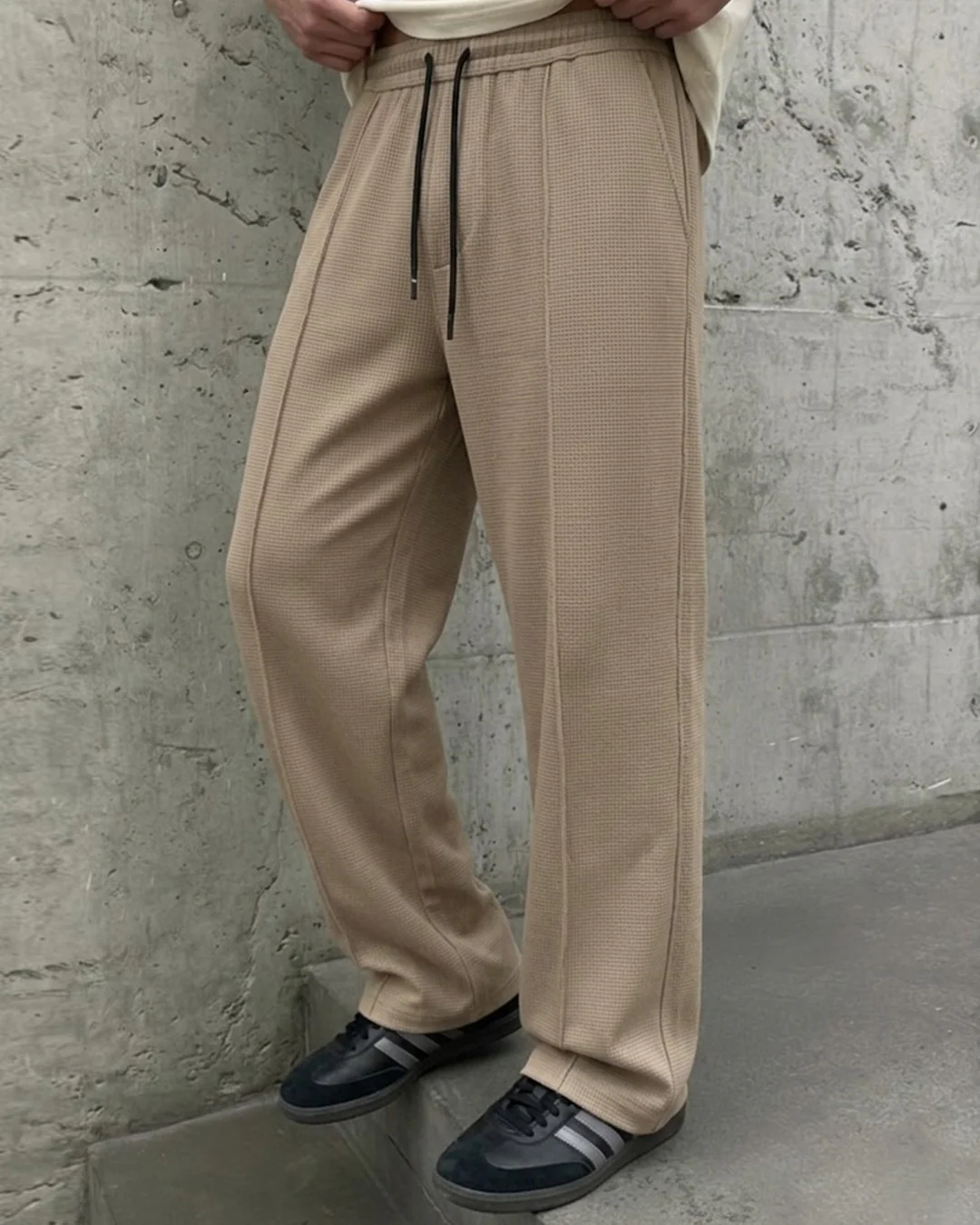 Waffle Relaxed Fit Trousers – Beige D20 - Image 2