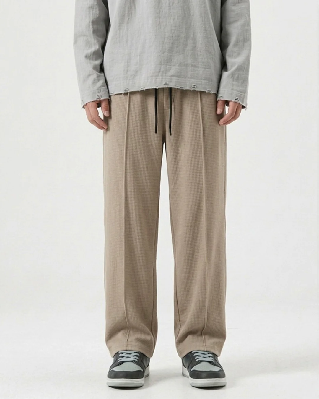 Waffle Relaxed Fit Trousers – Beige D20 - Image 3