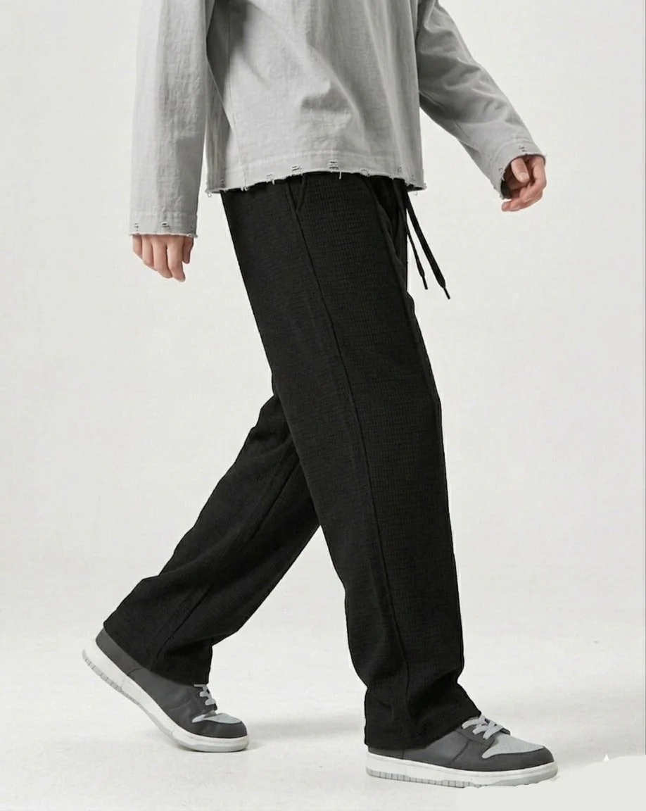 Waffle Relaxed Fit Trousers – Black D21 - Image 4