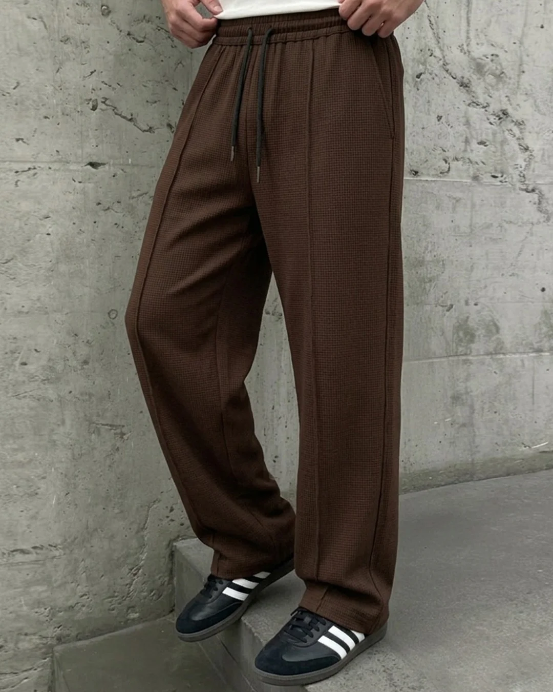 Waffle Relaxed Fit Trousers – Brown D18 - Image 2
