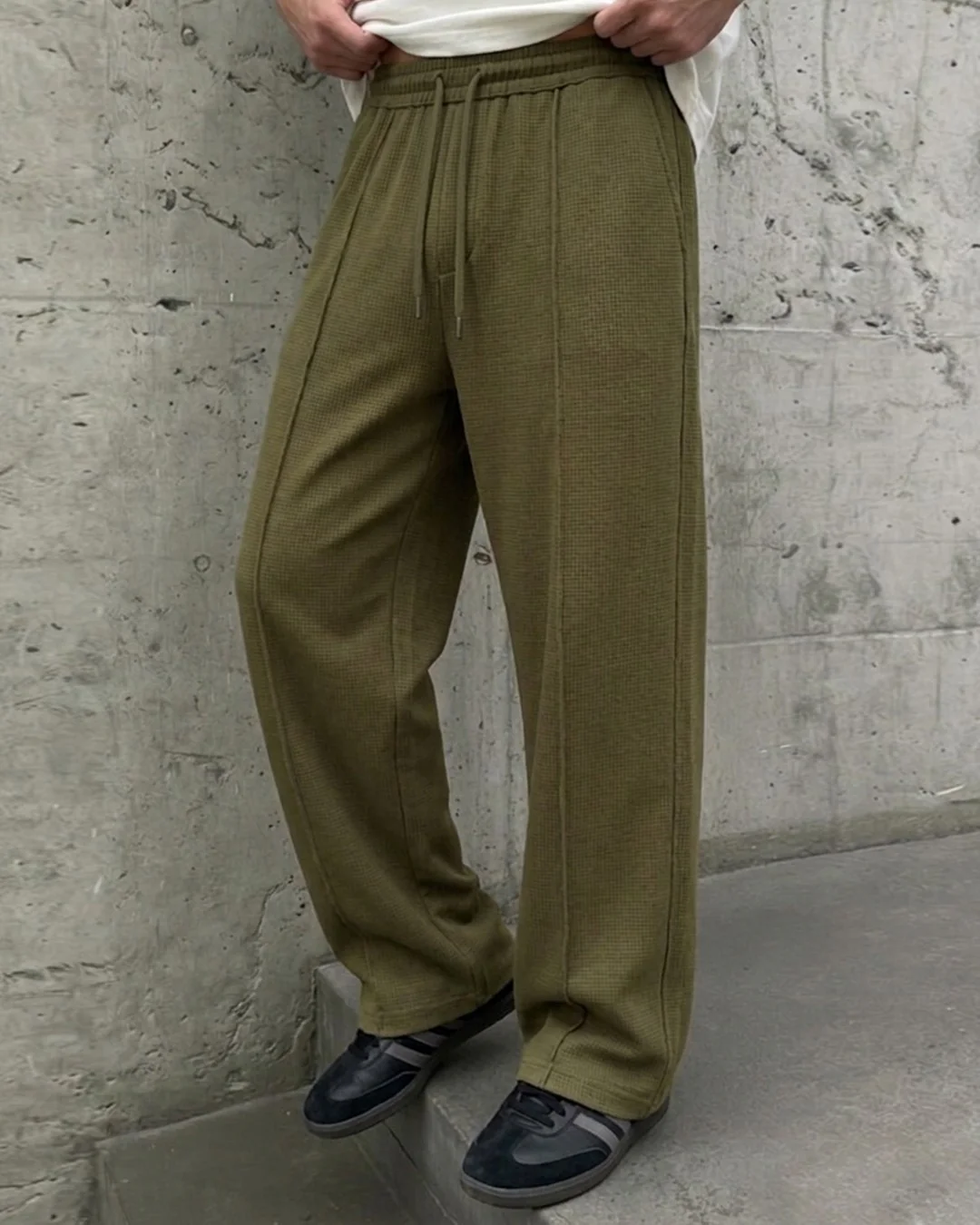 Waffle Relaxed Fit Trousers – Olive D19 - Image 2