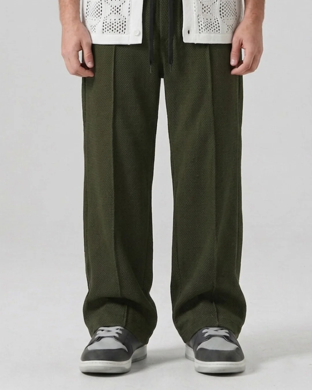 Waffle Relaxed Fit Trousers – Olive D19 - Image 4