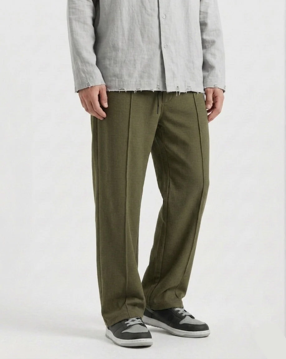 Waffle Relaxed Fit Trousers – Olive D19 - Image 5
