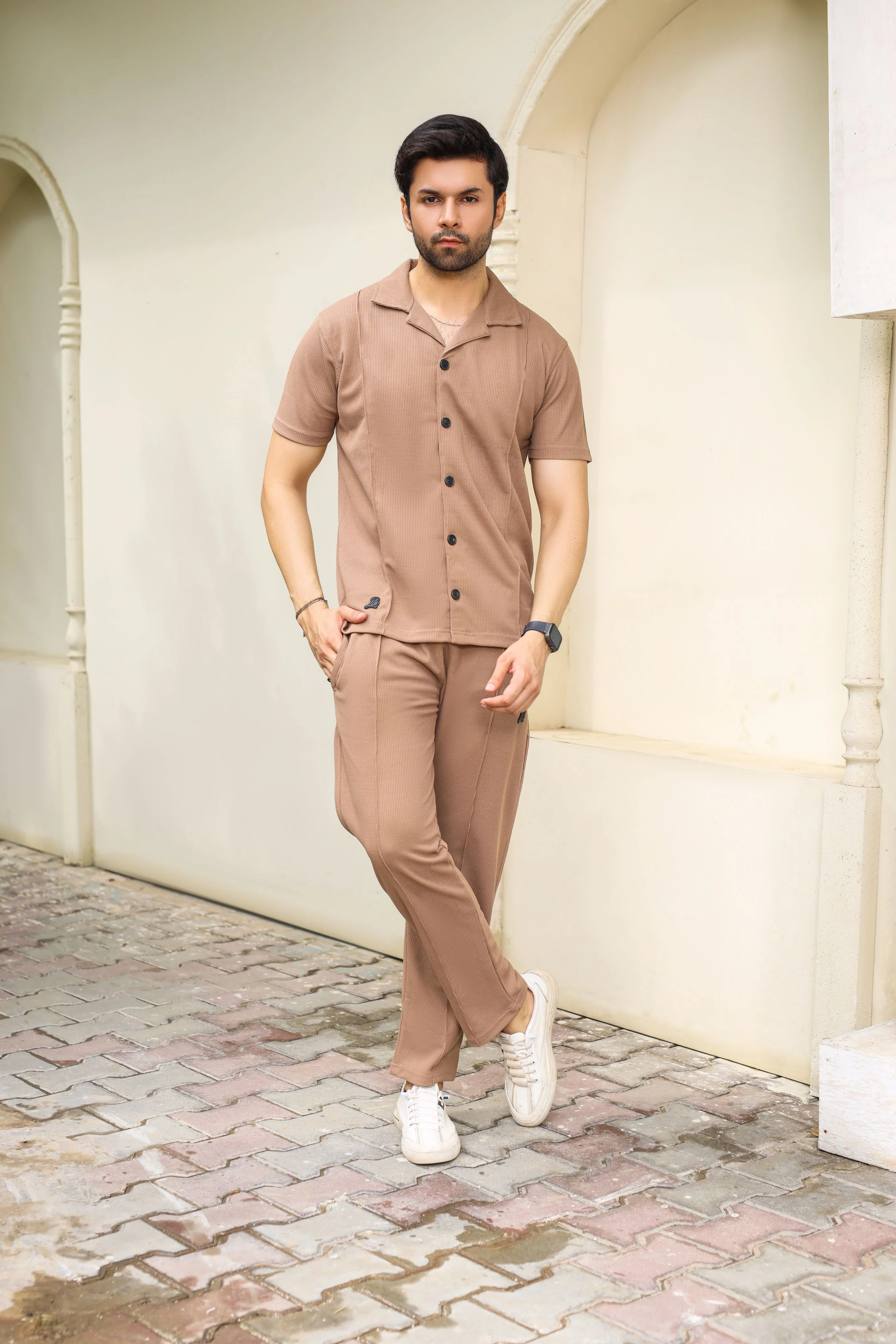 Waffle Coffee Brown Half-Sleeve Safari Suit for Men B5 - Image 10