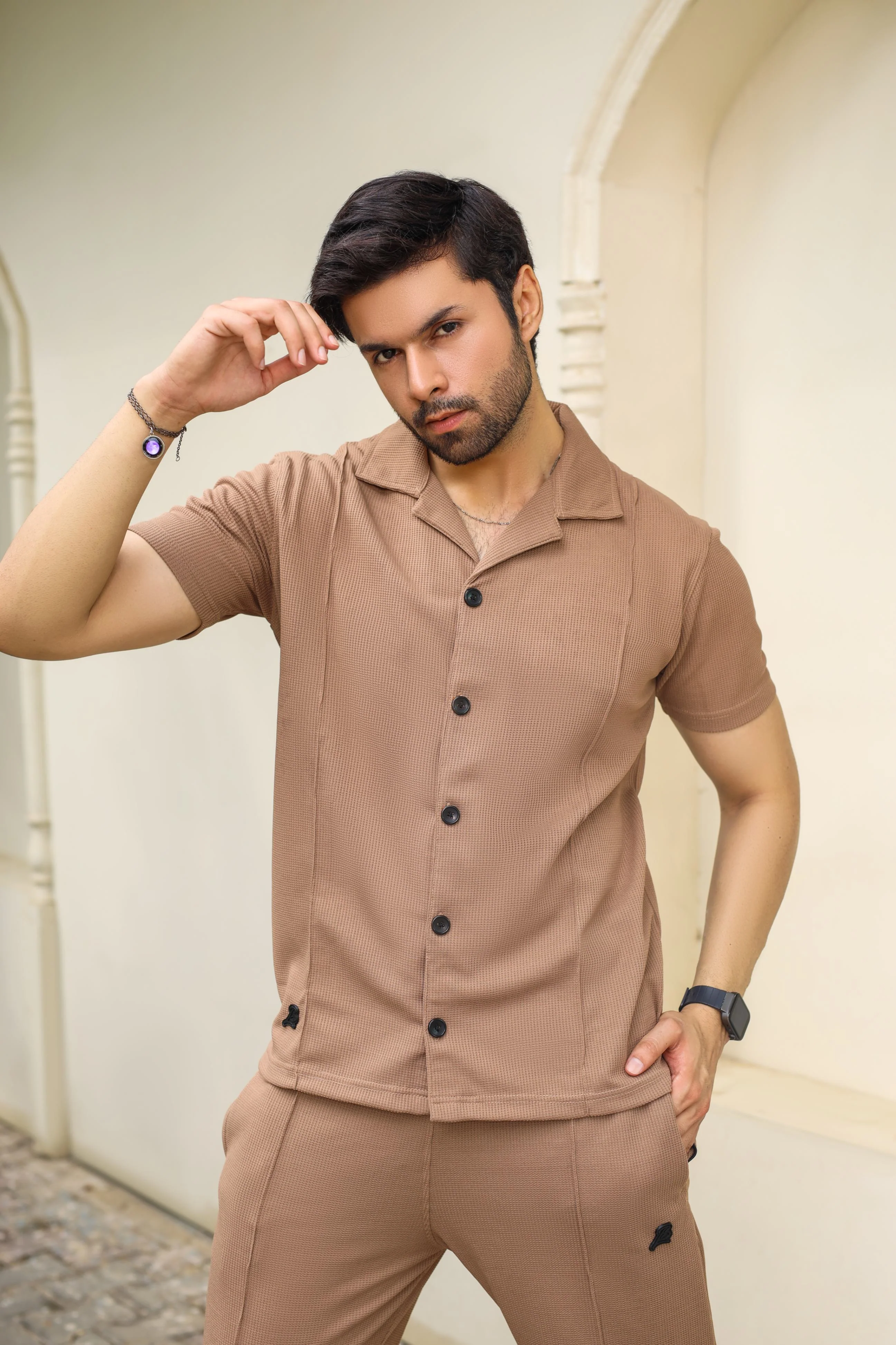 Waffle Coffee Brown Half-Sleeve Safari Suit for Men B5 - Image 14