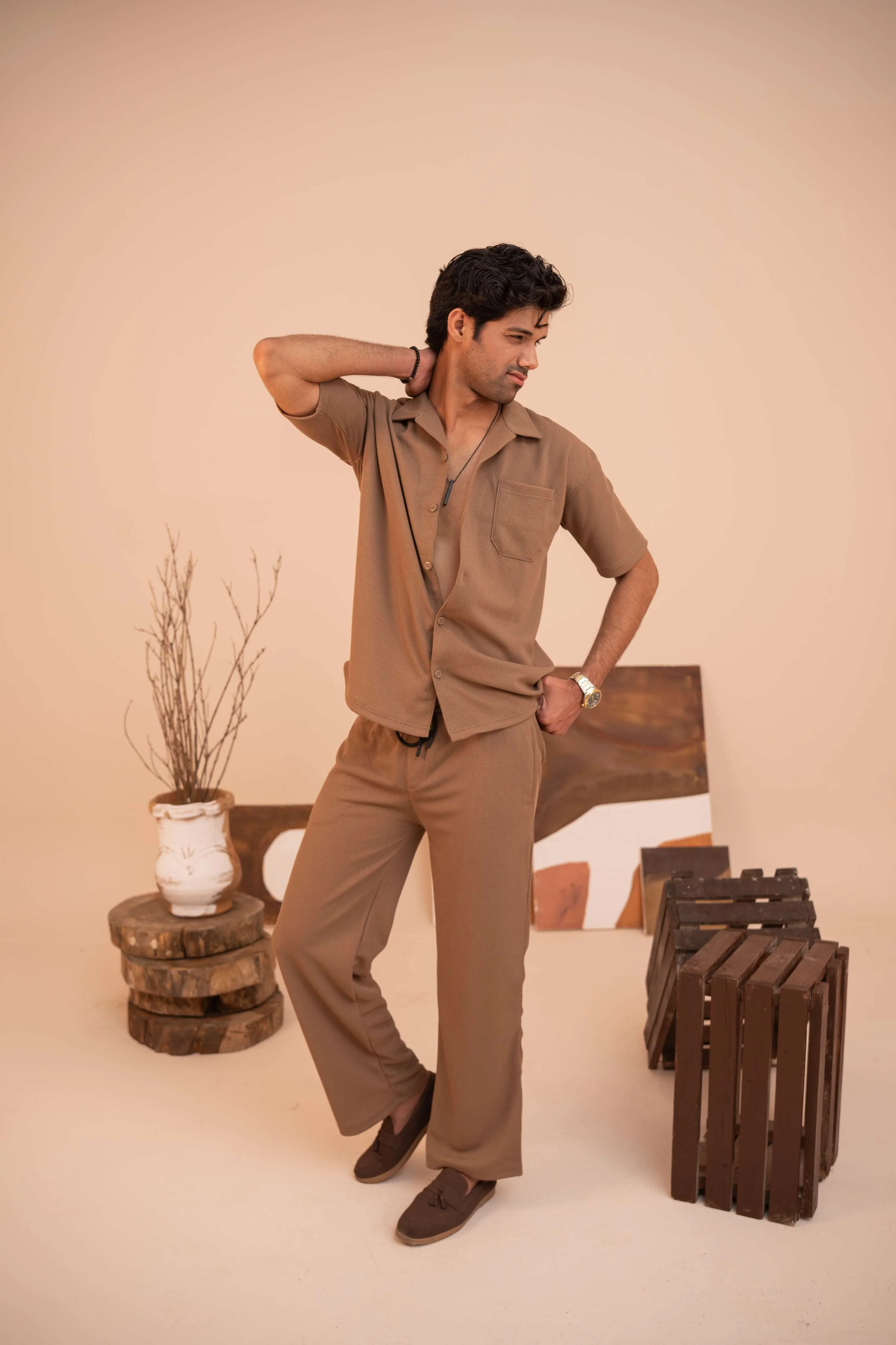 Waffle Coffee Brown Half-Sleeve Safari Suit for Men B5 - Image 5